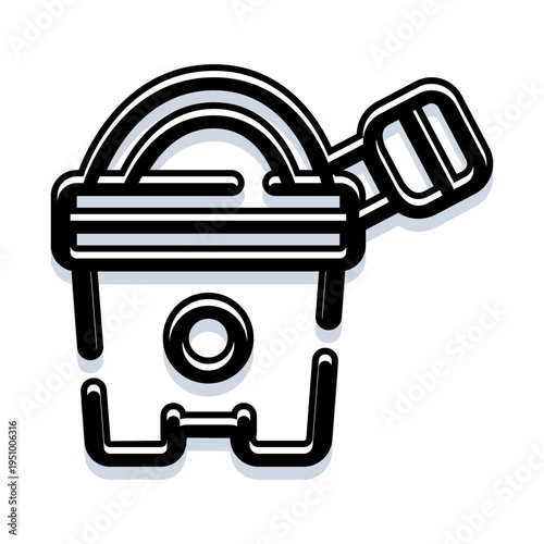 Children's toy bucket with handle and spade outline icon, symbolizing playful beach and sand recreation, summer fun, creativity, building sandcastles and childhood playtime
