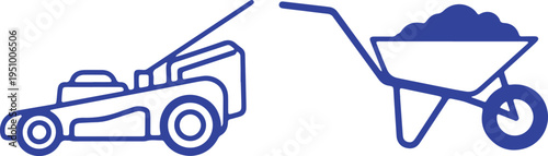 Lawn care and landscaping tools including a lawn mower and wheelbarrow