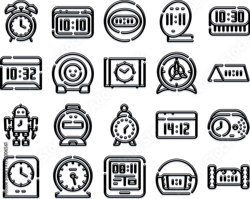 Collection of outline style alarm clock icons featuring both analog and digital displays, representing concepts like time, schedule, and morning wake up