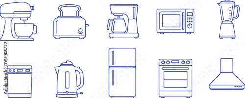 Collection of essential kitchen appliances and utensils illustrated in blue line art