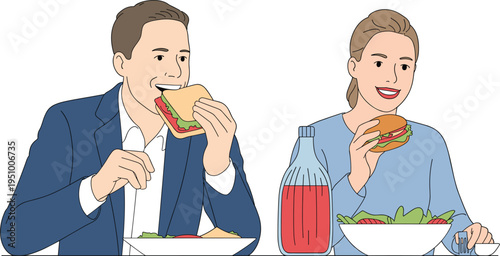 Young happy couple eating sandwiches, burgers and salad for lunch break, vector illustration