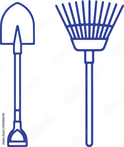 Illustration of a shovel and a rake for gardening and yard work.