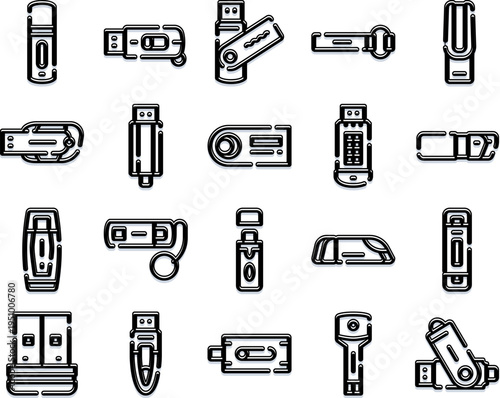 Usb flash drives vector icons collection offers diverse portable hardware for data transfer, digital storage, and computing technology concepts in an outline style