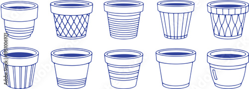 Variations in pot designs and their filled counterparts with blue liquid