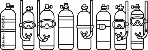 Assorted scuba tanks and diving equipment in a row Vector