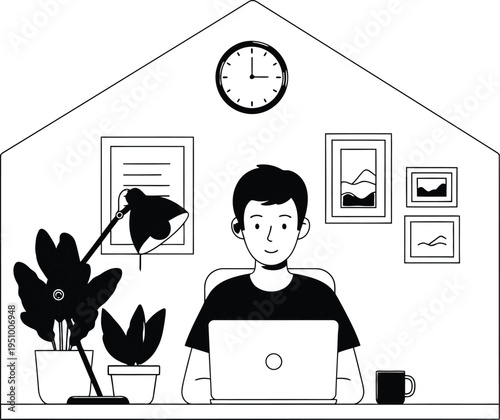 Man working on laptop at home office desk with clock and plants