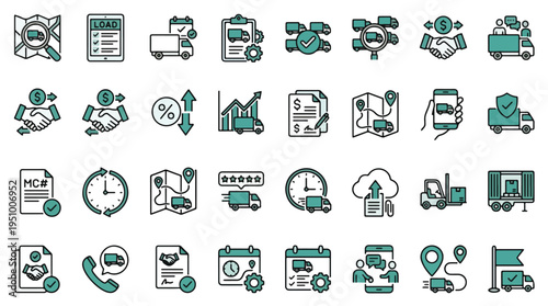 Logistics and trucking icon set. Shipping, transport, delivery, supply chain, freight, truck, cargo, warehouse, distribution, dispatch, tracking, fleet, map, icons. Two-tone flat vector art.