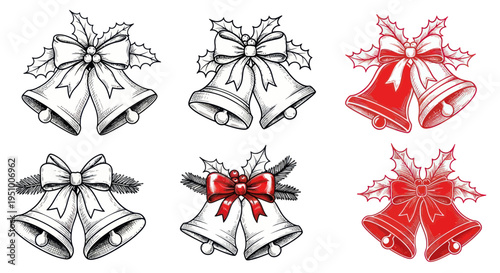 Christmas Bells with Holly and Bows - Hand Drawn Vector Illustrations