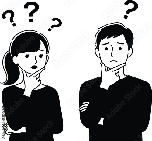 Confused man and woman with question marks thinking