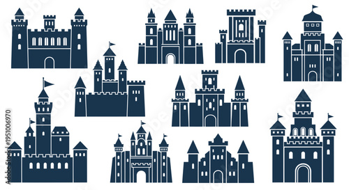 Collection of Dark Blue Castle Silhouettes on White Background
