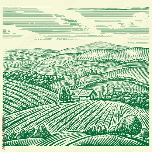 Classic woodcut style wheat field landscape, bold lines, strong black and white contrast, rolling wheat waves with farmhouses in distance