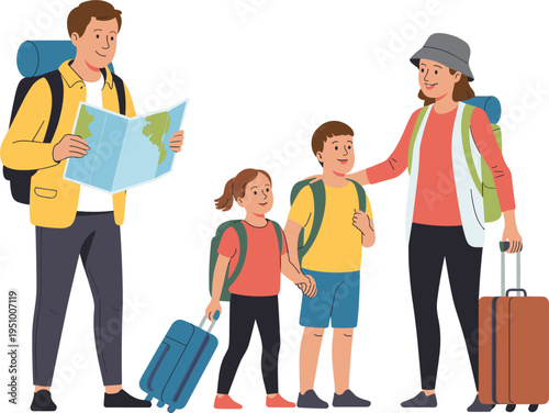 Happy family traveling together with backpacks and suitcases, father looking at map vector illustration