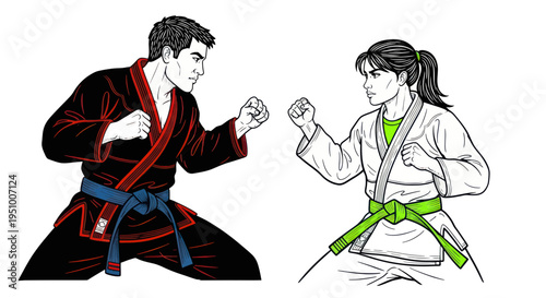 Martial Arts Training: Man and Woman in Gi Sparring, Combat Sports Illustration