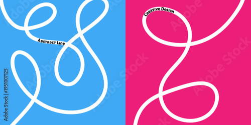 Abstract art with white cords on blue and pink backgrounds