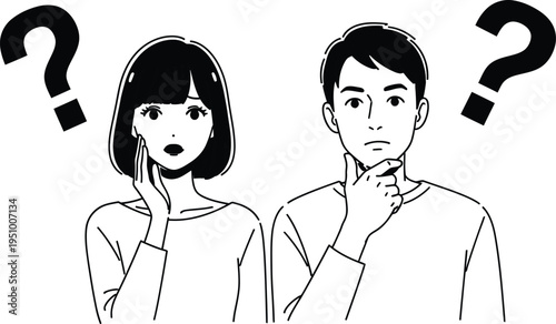 Confused man and woman with question marks