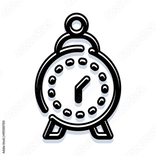 Alarm clock icon with bold black outline and shadows on a white background, symbolizing punctuality, scheduled events, morning wake ups, and urgent tasks
