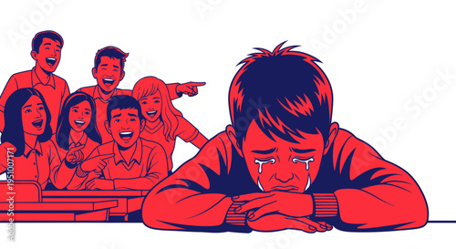 Sad Boy Crying While Being Bullied by Mocking Peers