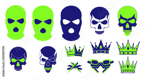 Skull and Ski Mask Icons with Crowns and Goggles