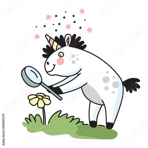 Cute cartoon unicorn with a magnifying glass vector illustration