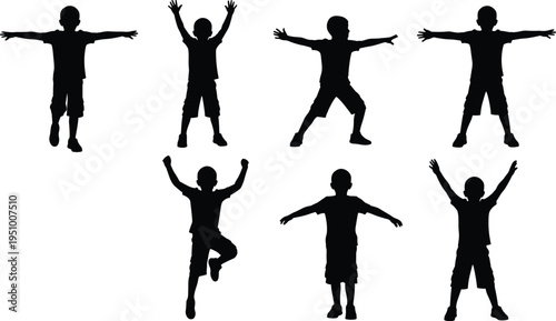 Boy silhouette collection showing child jumping, standing and playful poses with raised arms, happy kid characters isolated in black for childhood, activity and lifestyle design