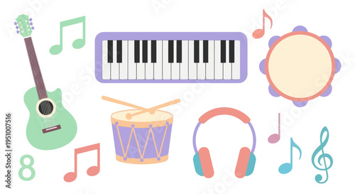 Flat illustration of musical instruments and notes for education or music theme