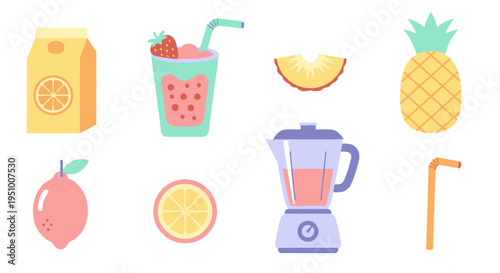 Flat design vector illustration of fruit juice, blender, pineapple, and strawberries