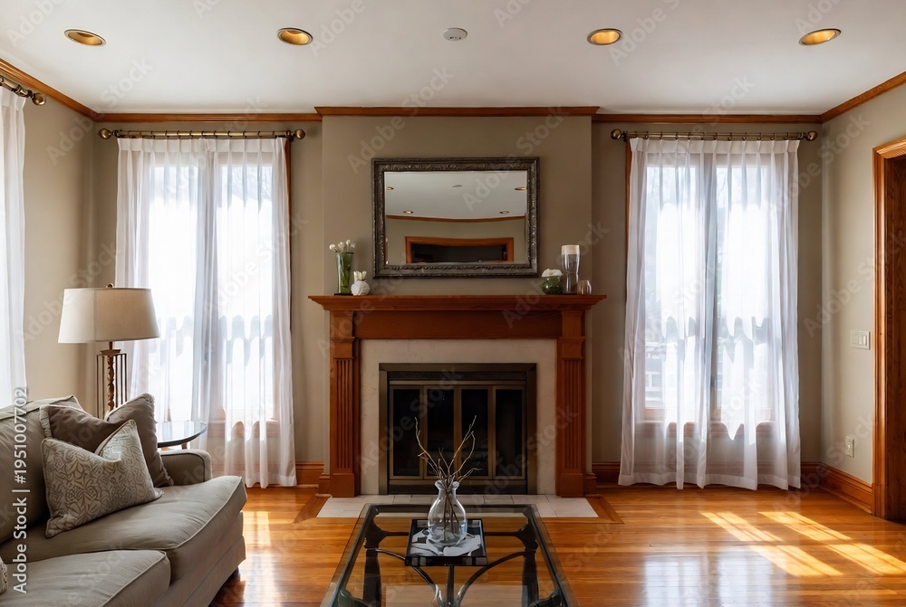 Fototapeta premium A living room with a fireplace, sofa, and decorative elements.