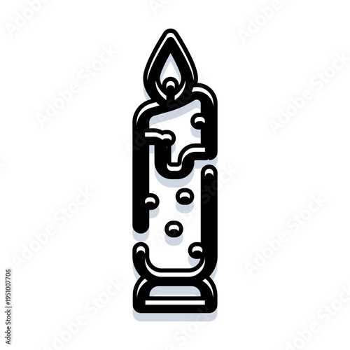 Burning candle line icon with melting wax and flickering flame, minimalist black outline on white background with subtle shadow, symbolizing calm, remembrance, and ceremony
