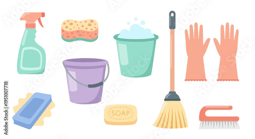 Flat Design Cleaning Supplies Vector Illustration