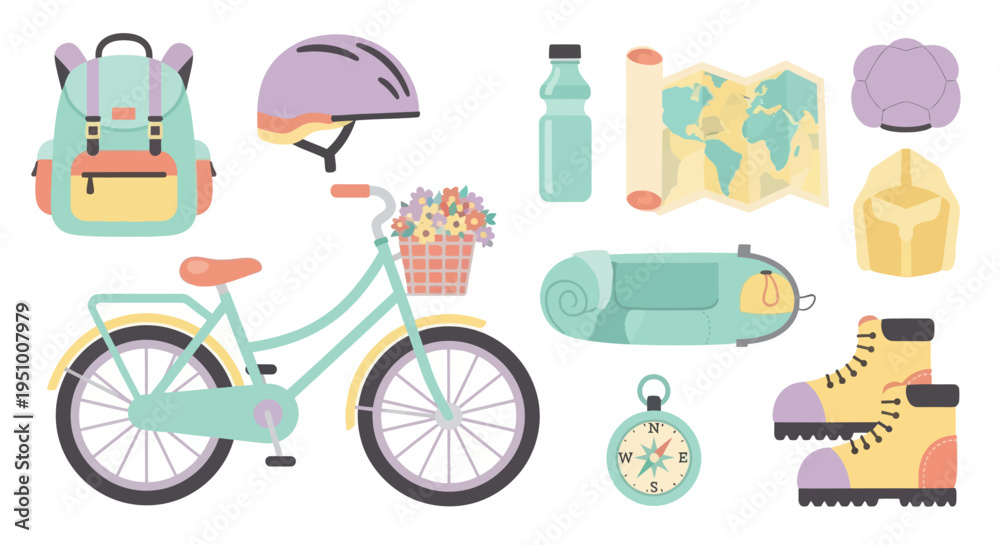 Fototapeta premium Flat Style Vector Icons for Bicycle Camping Adventure Travel