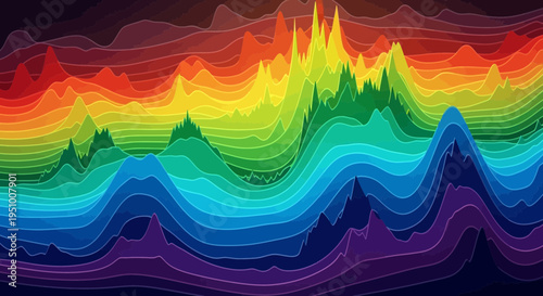 Abstract rainbow data visualization graphic with colorful lines and peaks
