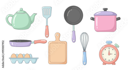 Flat Style Kitchenware and Utensils Vector Icon Set
