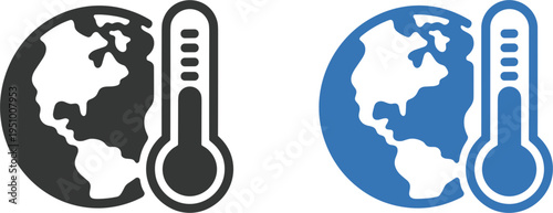 Global warming vector icon set, planet earth with thermometer for climate change environment concept