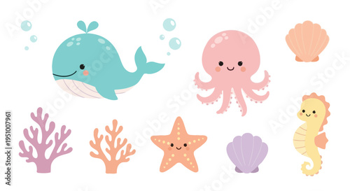 Cute Cartoon Ocean Animals and Shells Vector Illustration, Flat Style