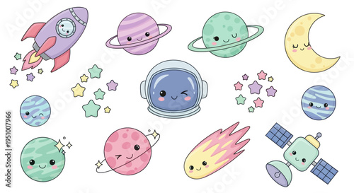 Cute Kawaii Space Rocket Planets Moon Astronaut Comets Stars Satellite