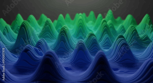 Abstract waves in shades of blue and green three dimensional render