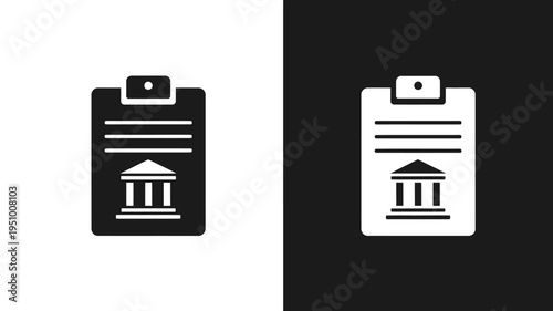 Clipboard document icon with bank building symbol in simple black and white style