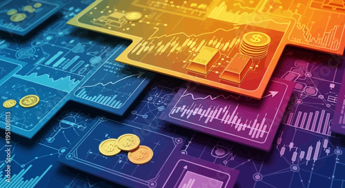 Financial charts and gold coins with data visualization on a blue background