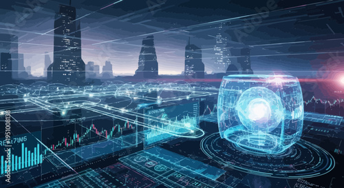 Futuristic cityscape with data visualization and abstract technological elements