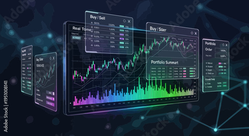 Financial technology interface displaying data charts and graphs visualization