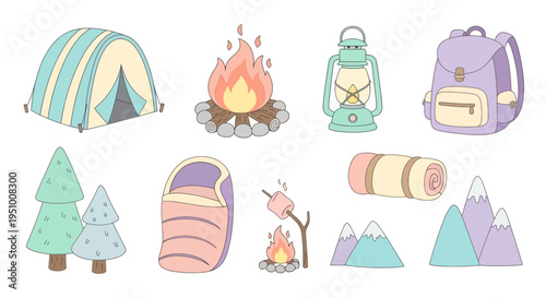 Cute Camping Icons: Tent, Campfire, Lantern, Backpack, Trees, Mountains