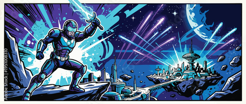 Heroic Figure in Futuristic Armor with Energy Sword in Space Celebration