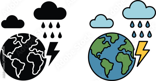 Climate change vector icon set, earth with rain clouds and lightning for weather concept