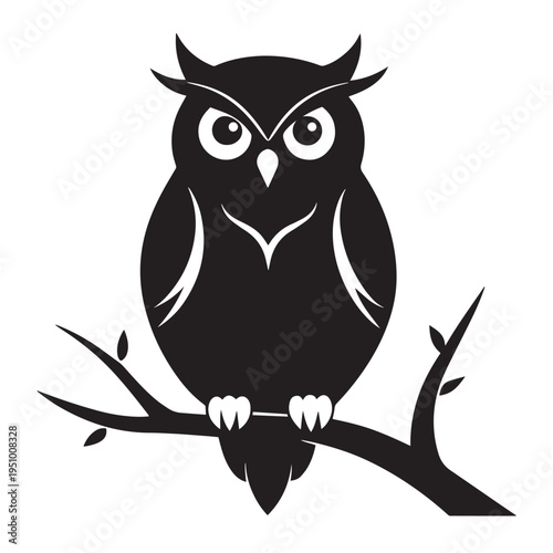Silhouette of owl perched on branch, nocturnal bird symbol, wisdom and night creature, graphic design element, clean vector art