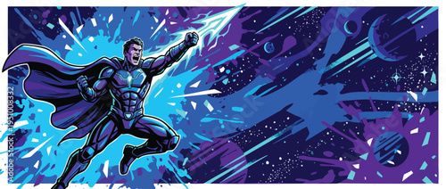 Galactic Champion Posing in Dynamic Heroic Stance Celebrating Space Day Theme