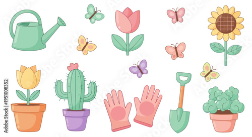 Cute Spring Gardening Flat Vector Set with Flowers Potted Plants Tools and Butterflies Illustration