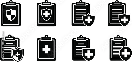 Medical Clipboard Icon Vector Set. Medical clipboard icon vector set with healthcare checklist and cross symbols isolated illustration
