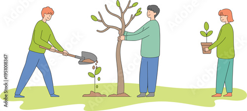 People planting trees vector illustration, volunteers gardening for environmental sustainability and reforestation nature concept