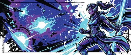 Galactic Warrior Posing with Lightsaber Amidst Dynamic Space Battle