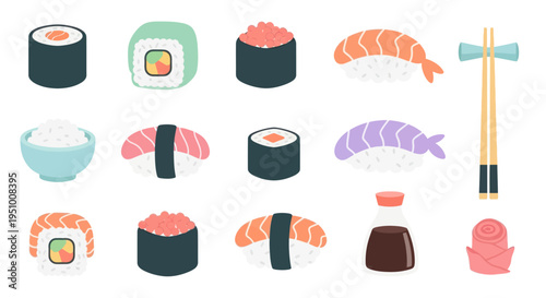 Flat Vector Sushi Food Collection with Chopsticks and Soy Sauce